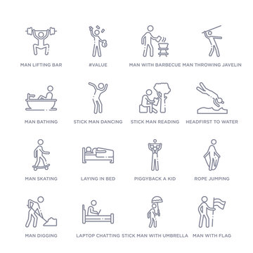 set of 16 thin linear icons such as man with flag, stick man with umbrella, laptop chatting on bed, man digging, rope jumping, piggyback a kid, laying in bed from behavior collection on white