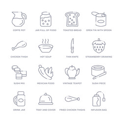 set of 16 thin linear icons such as infusion bag, fried chicken thighs, tray and cover, drink jar, sushi piece, vintage teapot, mexican food from bistro and restaurant collection on white