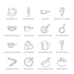 set of 16 thin linear icons such as fresh tomato, cutting board with knife, round plate, two brochettes, spatula utensil, measurement jar, two cherries from bistro and restaurant collection on white
