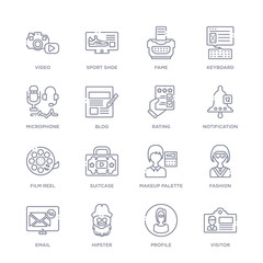 set of 16 thin linear icons such as visitor, profile, hipster, email, fashion, makeup palette, suitcase from blogger and influencer collection on white background, outline sign icons or symbols