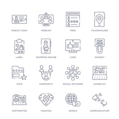 set of 16 thin linear icons such as communication, world, hashtag, copywriter, gameplay, social network, community from blogger and influencer collection on white background, outline sign icons or