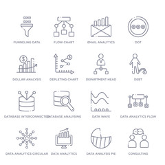 set of 16 thin linear icons such as consulting, data analysis pie chart, data analytics, data analytics circular, analytics flow, wave, database analysing from business and analytics collection on