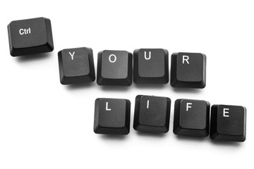keyboard buttons to write "control your life." Isolate on white background