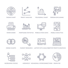 set of 16 thin linear icons such as graph pie, hexagonal interconnections, hierarchy, increasing stocks, laptop profits graphics, laptop with analysis, market research from business and analytics