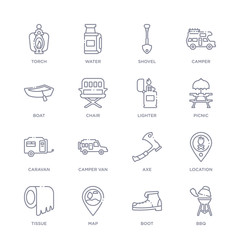 set of 16 thin linear icons such as bbq, boot, map, tissue, location, axe, camper van from camping collection on white background, outline sign icons or symbols