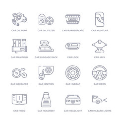 set of 16 thin linear icons such as car hazard lights, car headlight, car headrest, hood, horn, hubcap, ignition from parts collection on white background, outline sign icons or symbols