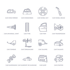 set of 16 thin linear icons such as car starter, car sump, car sunroof or sunshine roof, suspension, tailgate, tailpipe, torsion bar from parts collection on white background, outline sign icons or