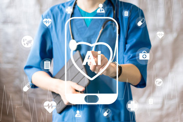 Doctor pressing button heart pulse artificial intelligence healthcare on smartphone