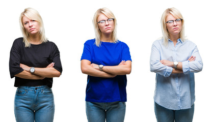 Collage of beautiful blonde woman over isolated background skeptic and nervous, disapproving expression on face with crossed arms. Negative person.