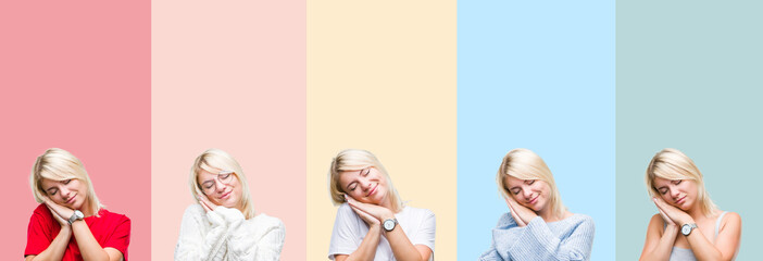 Collage of beautiful blonde woman over colorful stripes isolated background sleeping tired dreaming and posing with hands together while smiling with closed eyes.