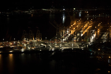 Aerial night view of the port of Oakland, California.