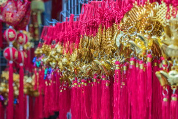 China Town,Bagkok,Thailand.February 7,2019: Souvenirs, gift and decoration at Yaowarat or Bangkok's Chainatown,Thailand.
