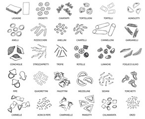 Hand drawn large set of different types of Italian pasta. Vector linear illustration.