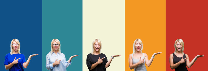 Collage of beautiful blonde woman over colorful vintage isolated background amazed and smiling to the camera while presenting with hand and pointing with finger.