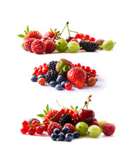 Set of fresh fruits and berries isolated. Ripe currants, raspberries, cherries, strawberries, gooseberries, mulberries and bilberries. Background of mix fruits with copy space for text. 