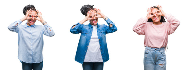 Collage of beautiful braided hair african american woman over isolated background doing ok gesture like binoculars sticking tongue out, eyes looking through fingers. Crazy expression.