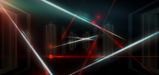 Dark room, a tunnel, a corridor with rays of light and a red laser beam of red color, smoke, smog, dust. Abstract dark  background with light effect, neon. 