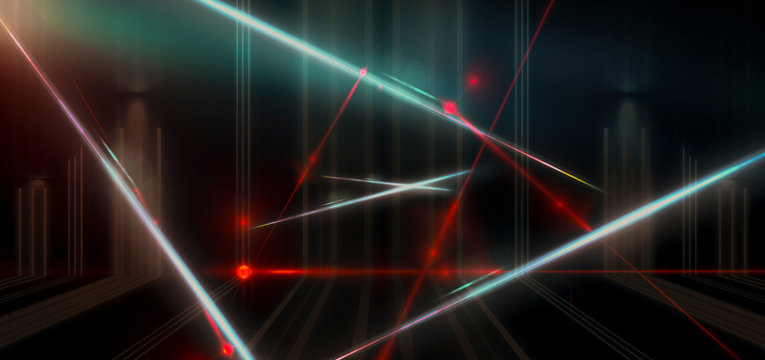 Dark room, a tunnel, a corridor with rays of light and a red laser beam of red color, smoke, smog, dust. Abstract dark background with light effect, neon. - Powered by Adobe