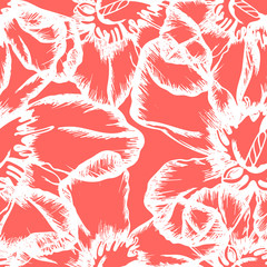 Floral seamless pattern with tropical linear white flowers on living coral color background. Trendy botanical endless engraved texture. Vector illustration