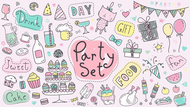 Cute party hand drawn doodle collection in pastel color. Kawaii party doodle drawing for decoration scrapbook, invitation card and party poster.