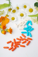   Medical capsules and medicinal flowers on white