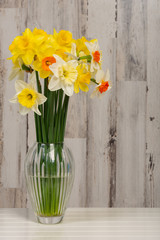 Beautiful yellow, white and orange daffodils in a vase with a shallow depth of field and copy space