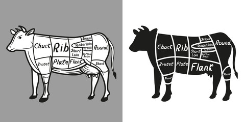 American cuts of beef diagram. Beef cutting scheme lettering. Vector illustration.