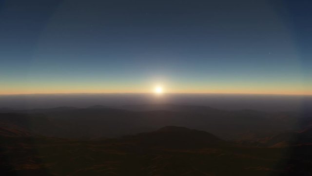 Sunset desert landscape with mountain silhouettes against fantastic setting sun background. Realistic 3D animation rendered in 4K, ultra high definition. 3D illustration sunset