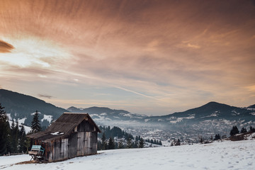 Carpathian mountain valley covered with fresh snow. Majestic landscape. Ukraine, Europe