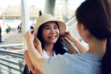 Beautiful woman smile portrait and traveling in the city.