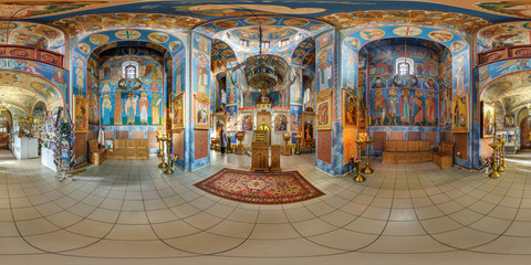 VITEBSK, BELARUS - OCTOBER, 2018: Full seamless panorama 360 angle degrees view inside interior of awesome orthodox church with icons near altar in equirectangular spherical panorama. VR AR content
