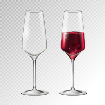 Realistic vector illustration of fuul and empty champagne or wine glass isolated on transperent background