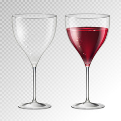 Realistic vector illustration of full and empty champagne or wine glass isolated on transperent background