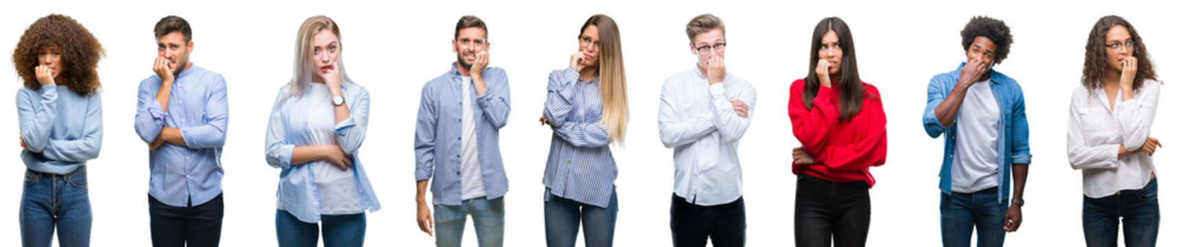 Composition of african american, hispanic and caucasian group of people over isolated white background looking stressed and nervous with hands on mouth biting nails. Anxiety problem.