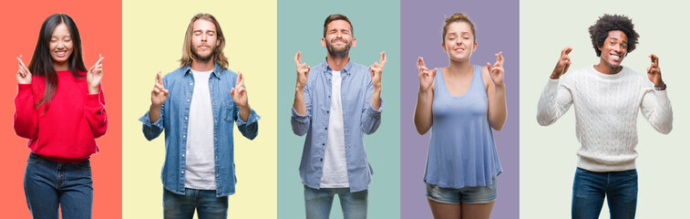 Composition of african american, hispanic and chinese group of people over vintage color background smiling crossing fingers with hope and eyes closed. Luck and superstitious concept.