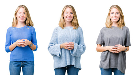 Obraz premium Collage of beautiful blonde woman over white isolated background Hands together and fingers crossed smiling relaxed and cheerful. Success and optimistic