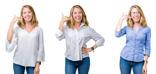 Collage of beautiful blonde business woman over white isolated background smiling doing phone gesture with hand and fingers like talking on the telephone. Communicating concepts.