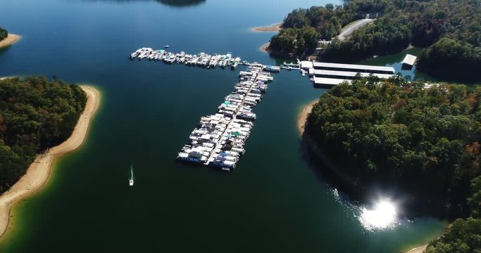 Overhead aerial, boats docked in Corbin, Kentucky