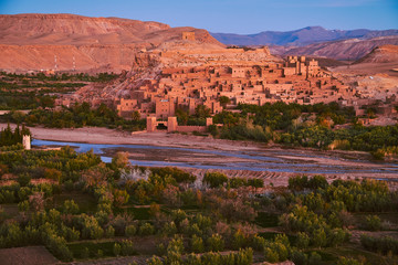 Detail of Ait Ben Haddou historic popular touristic town and the green oasis around the river