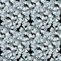 Abstract floral seamless surface pattern with black and white Blooming flowers on black background. Monochrome tropical endless fabric texture. Summer print. Textile design. Vector illustration
