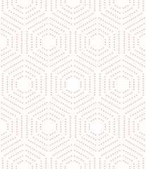 Geometric repeating ornament with pink hexagonal dotted elements. Geometric modern ornament. Seamless abstract modern pattern