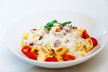 Cooked pasta with a cream sauce and roasted chicken cured with emmental.