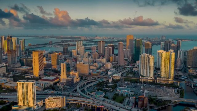MIAMI, FLORIDA, USA - JANUARY 2019: Aerial drone panorama view flight over Miami downtown. Tall buildings from above.