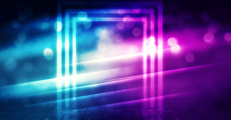 Background scene of empty street lit by spotlight. Neon light, smoke. Abstract background with bokeh