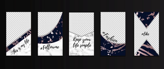 Editable stories templates for bloggers, business, etc. Social networks design concepts with marble texture, navy blue and rose gold colors. Trendy vector illustration for instagram.