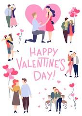 Valentine's day greeting card with couples in love and lettering. Trendy greeting card for people in love. Vector illustration