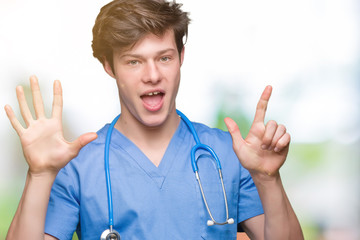 Young doctor wearing medical uniform over isolated background showing and pointing up with fingers...