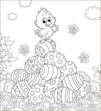 Little Easter Chick on a pile of colorfully decorated eggs on a sunny spring day, black and white vector illustration in a cartoon style for a coloring book
