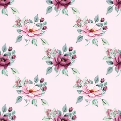 Poster Seamless background, floral pattern with watercolor flowers peonies, roses and leaves. Repeating fabric wallpaper print texture. Perfectly for wrapped paper, backdrop, frame or border. © Larisa