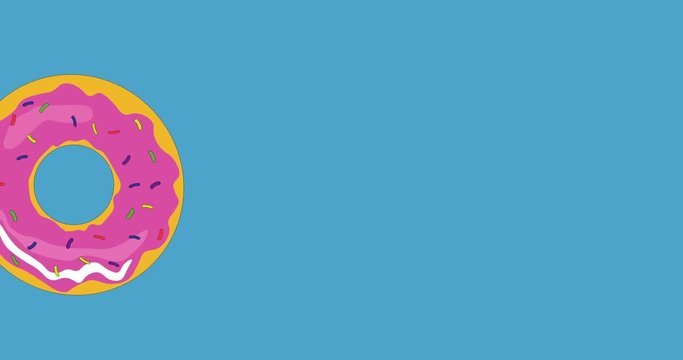 Animation of rotating, moving donut with pink glaze and appearing red hearts on blue background. Animated hand drawn illustration.